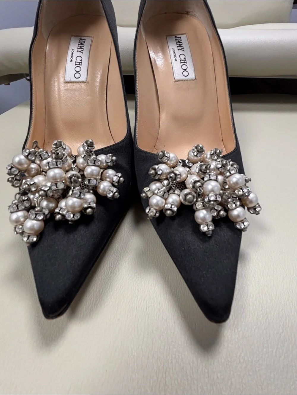 Jimmy Choo Black Pearl-Embellished Pointed Toe Pumps Size 7.5